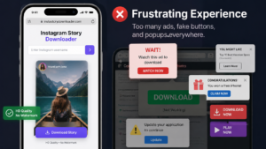 Cluttered Instagram Story downloader with fake ads and popups