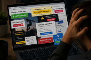 Spam-filled Instagram Reel downloader websites with fake buttons and popup ads