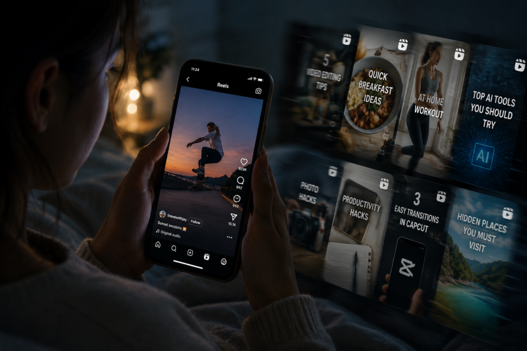 User scrolling through Instagram Reels late at night before saving useful videos
