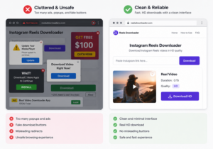 comparison between clean and cluttered instagram reels download websites