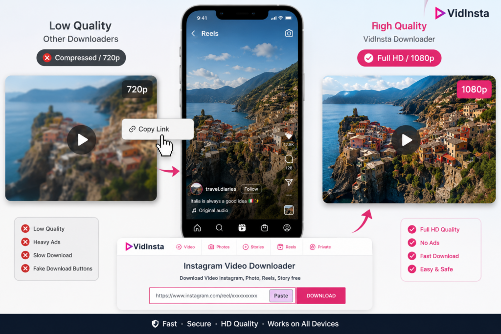Instagram video download HD comparison between compressed downloader and high quality VidInsta download