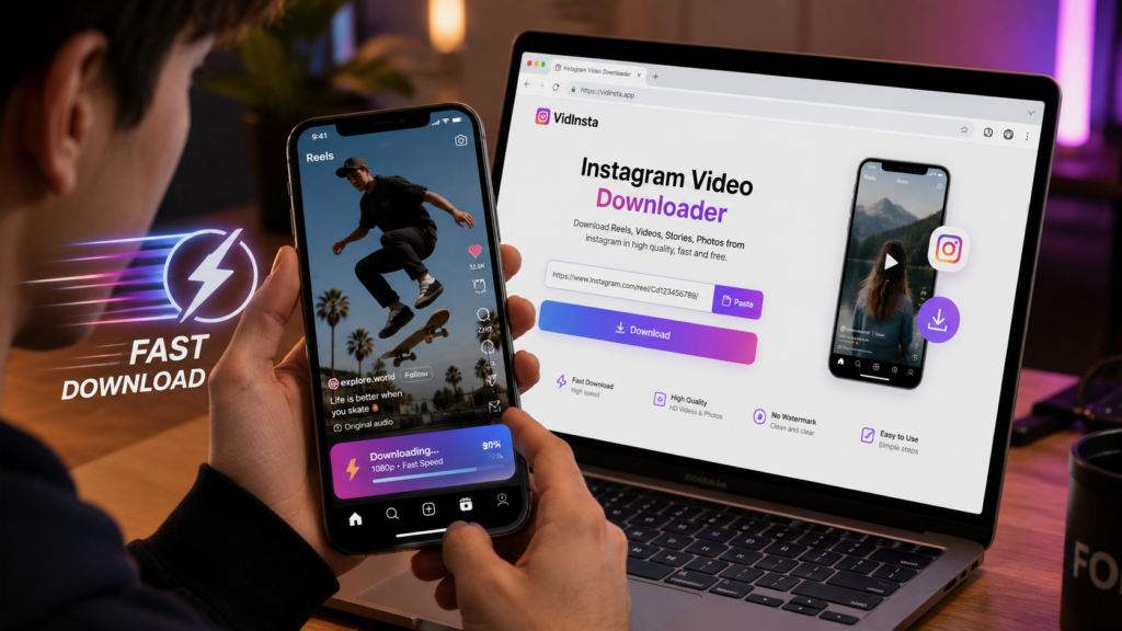 Instagram video downloader VidInsta on mobile browser in 2026