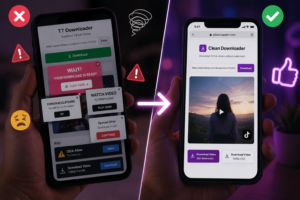 Frustrating TikTok downloader experience with fake buttons and redirects