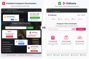 Comparison between outdated Instagram downloader websites and clean VidInsta interface