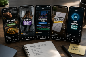 Users saving Instagram Reels about workouts, editing, recipes, and productivity tips