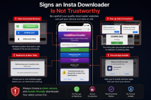 Examples of fake buttons and redirects on low quality insta downloader websites