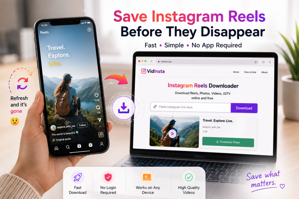 Users save Instagram Reels using VidInsta in their browser.