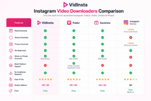 Comparison of VidInsta SaveInsta Publer and Instagram download options