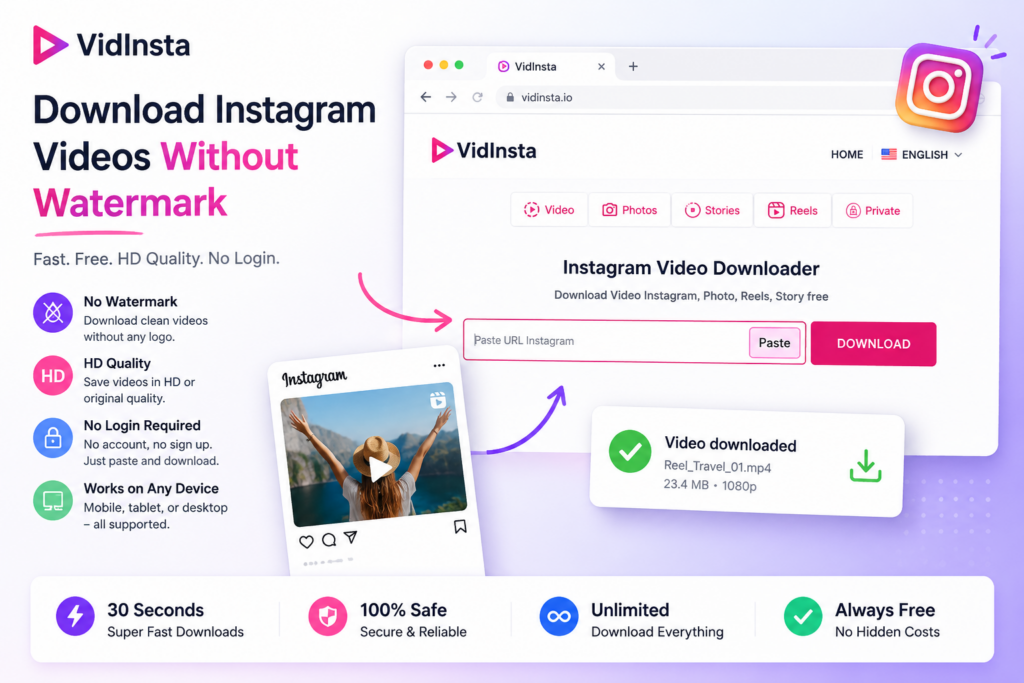 Vidinsta homepage for downloading Instagram videos